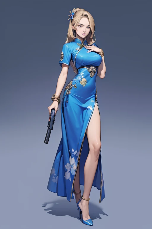 Highest quality,high resolution,comics,(Cel animation style),A woman is standing alone,30 year old Asian female,(Long blonde hair),((Blue Chinese Dress)),((Blue heels)),((1 Holding a gun in each hand.6)),(Hibiscus hair accessory),(Beautiful face with slits 1.3)，(gold bracelets on both wrists),Beautiful Style,Slender body,(Large Breasts),((City Background))