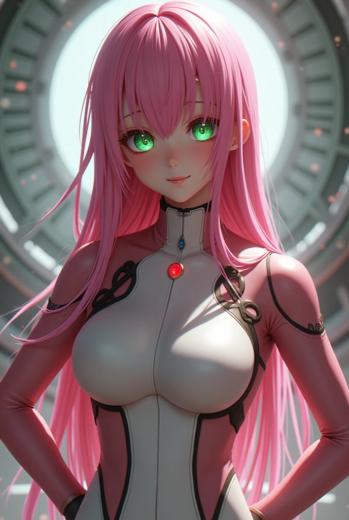 Very detailed background, masterpiece, best quality, 1 Girl, Solitary, ((masterpiece, best quality)),Best aesthetics, Zero Two (Honey), Honey, Bangs, bite, blush, Cover the navel, Eyeshadow, Green Eyes, Hair on the back of the head, Hands on Hips, trumpet, Smile, Long hair, Looking at the audience, cosmetic, Medium breasts, Pilot suit, Red suit, Pink Hair, red Eyeshadow, Science fiction, Firming skin,