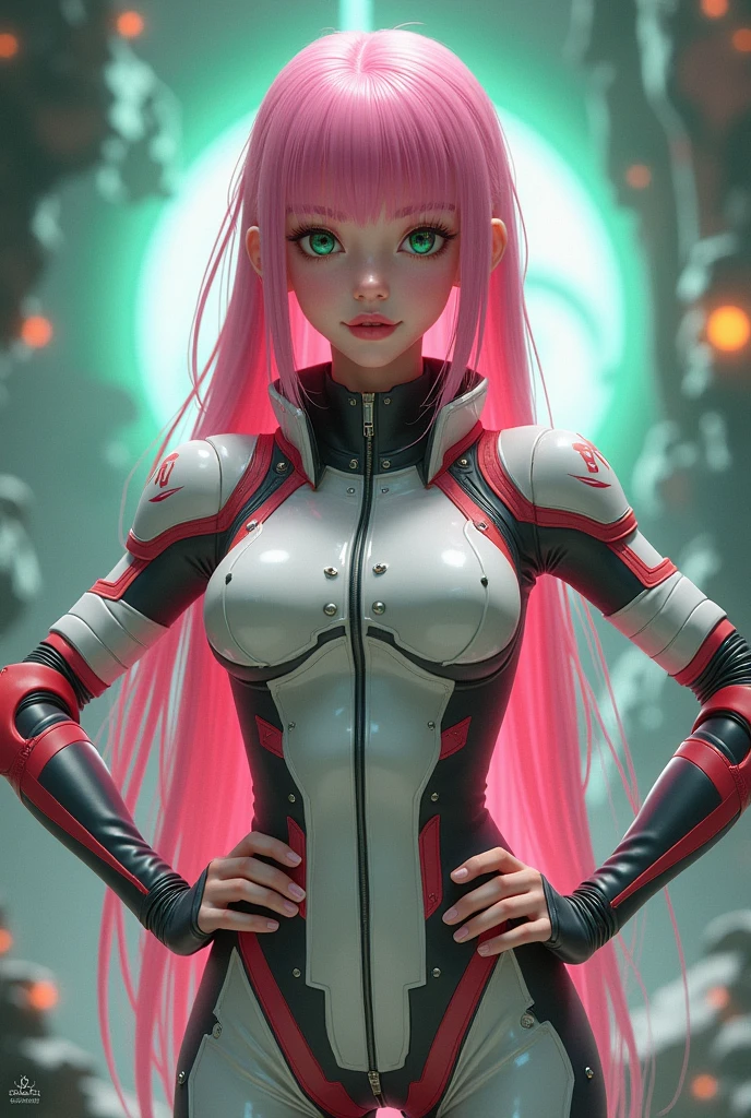 Very detailed background, masterpiece, best quality, 1 Girl, Solitary, ((masterpiece, best quality)),Best aesthetics, Zero Two (Honey), Honey, Bangs, bite, blush, Cover the navel, Eyeshadow, Green Eyes, Hair on the back of the head, Hands on Hips, trumpet, Smile, Long hair, Looking at the audience, cosmetic, Medium breasts, Pilot suit, Red suit, Pink Hair, red Eyeshadow, Science fiction, Firming skin,