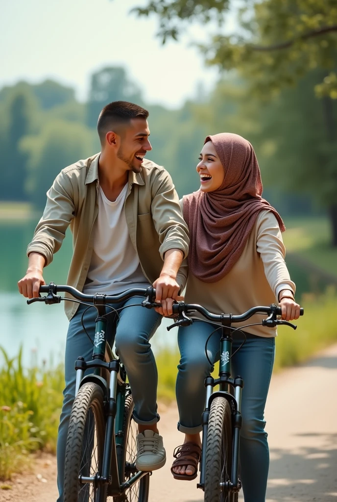 A handsome man with buzz cut hair and tan    skin without a mustache or beard aged 20 years old is cycling with a beautiful white woman wearing a hijab aged 1. They laugh happily around the lake