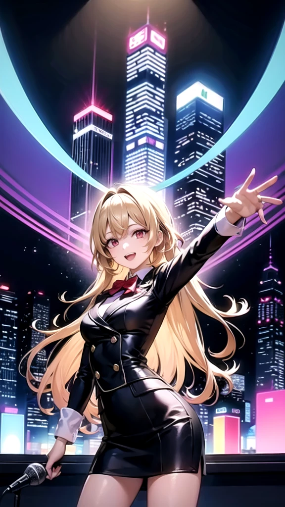 Create an album cover illustration for a pop idol group. The idol has Blonde long hair high school girl, uniform, Red eyes and wears trendy outfits. He is holding a microphone and striking a dynamic pose while surrounded by colorful musical notes and stars. The background features a vibrant cityscape with skyscrapers, neon lights, and a starry sky, creating a vibrant and energetic atmosphere.