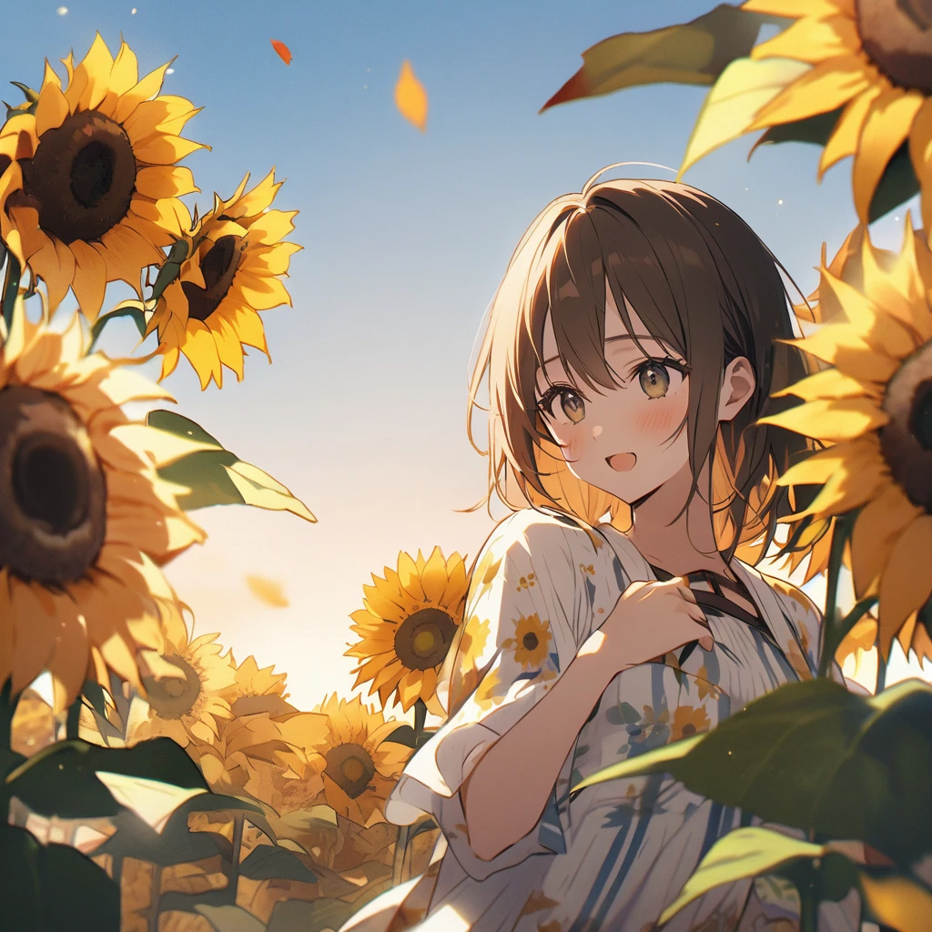 Half of the screen is sunflowers blooming in summer, half of the screen is たくさんのautumn leaves, the end of summer and the beginning of autumn.