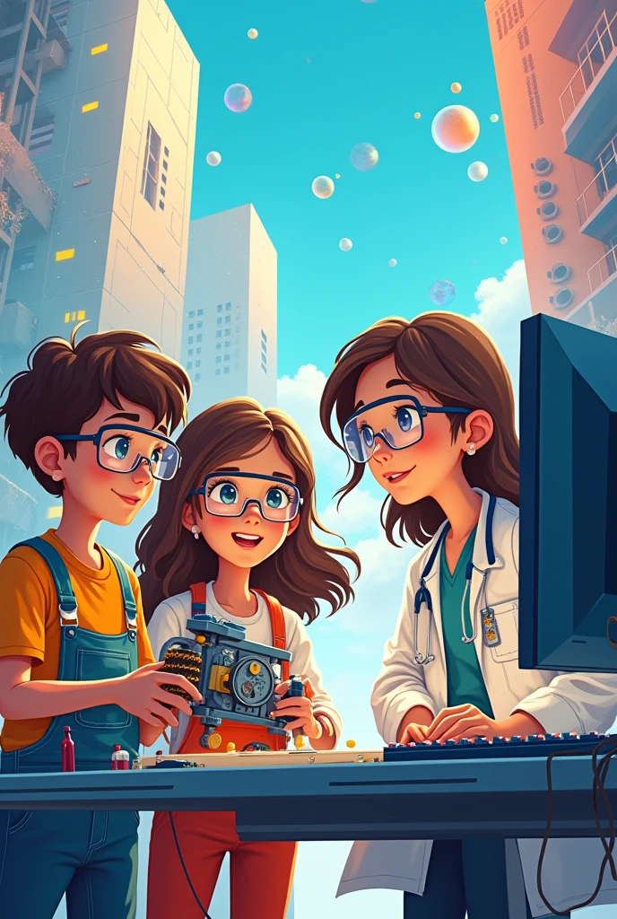 1 boy and 3 girls as best friends, now make the boy and 1 girl look like a engineers, 1 girl as a doctor, 1 girl as a conputer scientist and