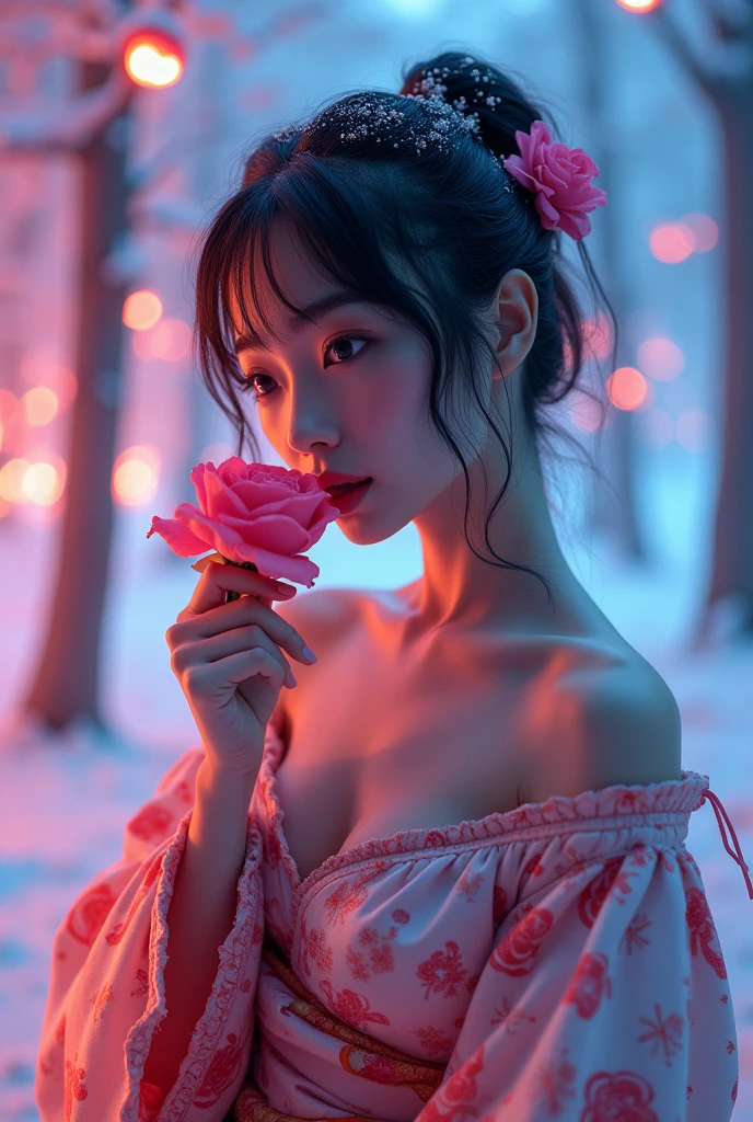Super sexy kimono 、V-neck low cut、Japanese cute sexy girl biting a rose、(Fluorescent Color:1.4)、(translucent:1.4)、(Retro filter:1.4)、(fantasy:1.4)、Candy world Disney fantasy fluffy soft scenery forest snow avatar pink sky green blue glow dreamy lights soft soft glow rainbow stars diamond glitter gem background surreal ultra hd movie lighting huge details full hd full light、
