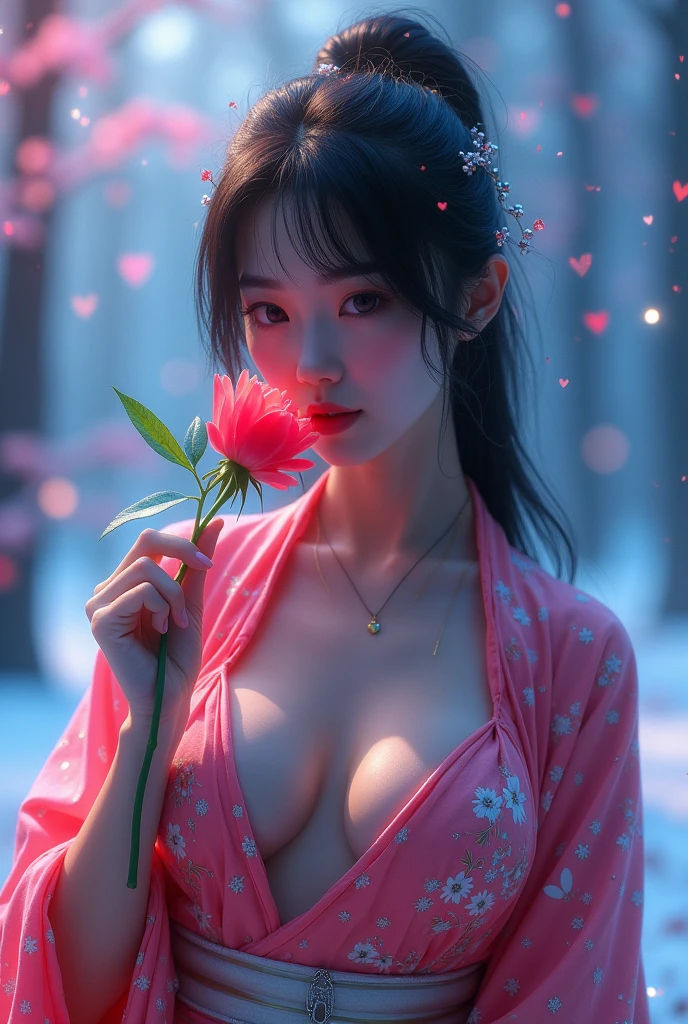 Super sexy kimono 、V-neck low cut、Japanese cute sexy girl biting a rose、(Fluorescent Color:1.4)、(translucent:1.4)、(Retro filter:1.4)、(fantasy:1.4)、Candy world Disney fantasy fluffy soft scenery forest snow avatar pink sky green blue glow dreamy lights soft soft glow rainbow stars diamond glitter gem background surreal ultra hd movie lighting huge details full hd full light、