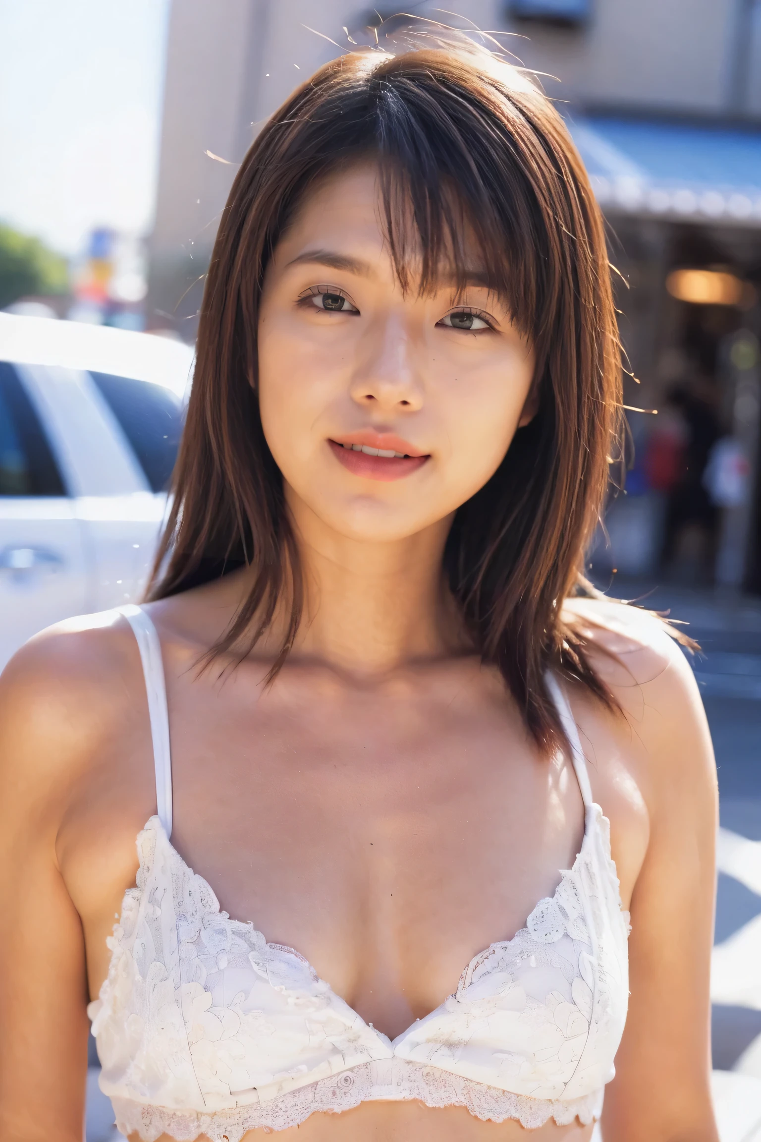 Browsing Caution:1.5,((Highest quality、8k resolution、Masterpiece、Portraiture:1.3)), Photorealistic, 35mm Film, 1 Japanese female, Upper Body、On the street during the day, Wrinkles around the eyes、Plump body、Long Hair_bangs、smile,((sexy lingerie:1.3)) , (Outdoor:City 1.3), Cluttered background,Looking at the audience,Tokyo cityscape:1.3,smile