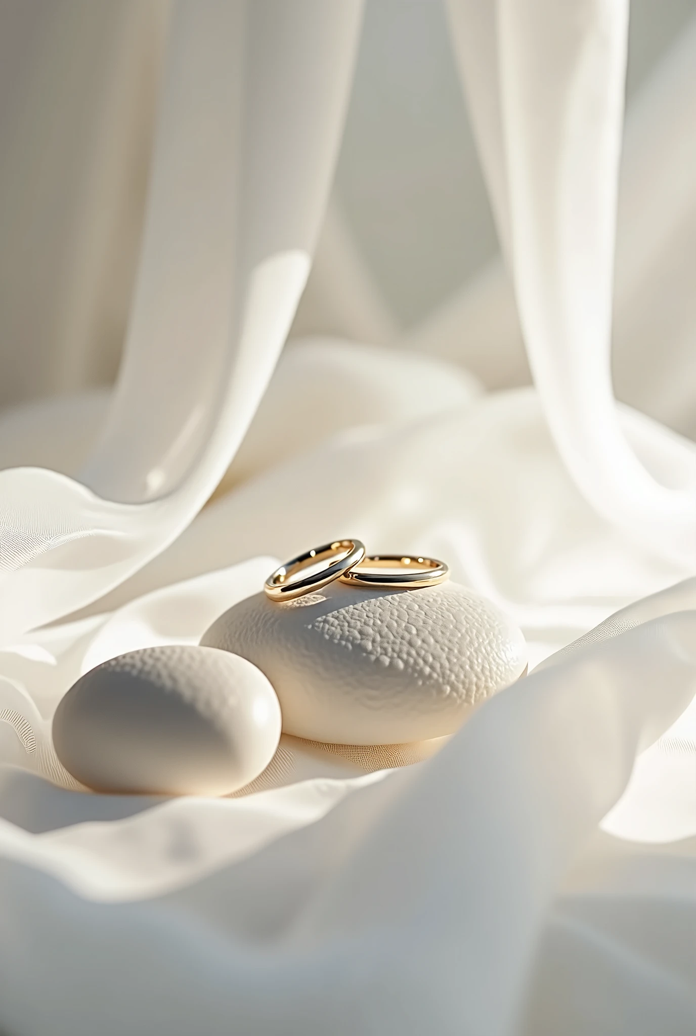Photo of white gold wedding rings, standing on their ribs next to each other on large white stones surrounded by the bride's delicate veil in the foreground and background