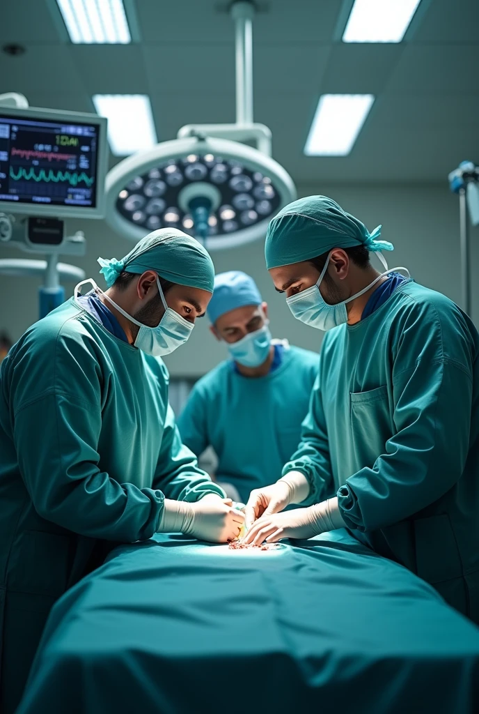 Please draw a cinematic operating room at a 1 point perspective