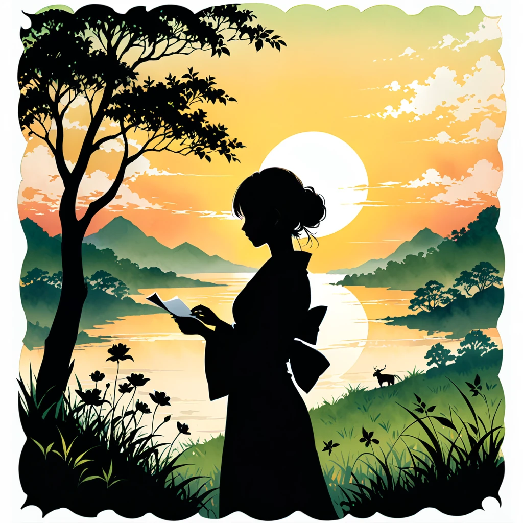 (Silhouette Art,Crop:1.6) (((Paper cutting art,A world where only black exists:1.3) (Cowboy Shot),1 person,alone, (Kimono Girl,profile:1.2),white, Clear and beautiful face,Sunrise after break (Morning Glow、viola Green Grass:1.1) Textured glass background,