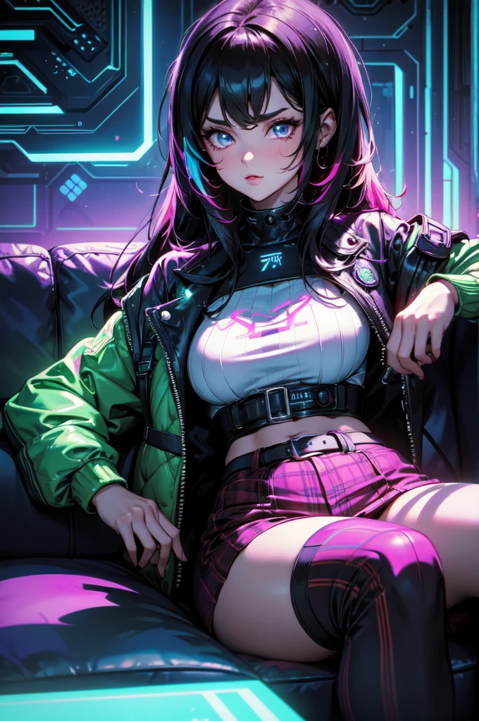 cute woman, tech wear, sitting in old-school sofa, retro plaid sofa, 70's atmoshphere, neon technologic outfit, glowing effects, crazy colors, great color palete