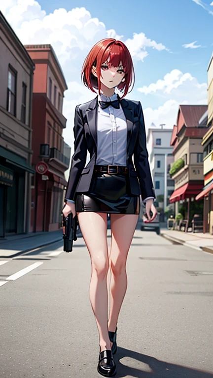 Highest quality、Ultra HD、One Woman、(Red hair short bob 1.3)、(Purple blazer 1.3)、(Black tie)、(shirt)、(Black leather shoes 1.1)、((Black mini tight skirt))、((Thigh 1.2))、((1 with a gun in each hand.5))、Stylish、(Beautiful face with sharp eyes 1.2)、(Leather belt 1.2)、2 female、slender、(Daytime city background 1.2)、((A clear and beautiful touch))