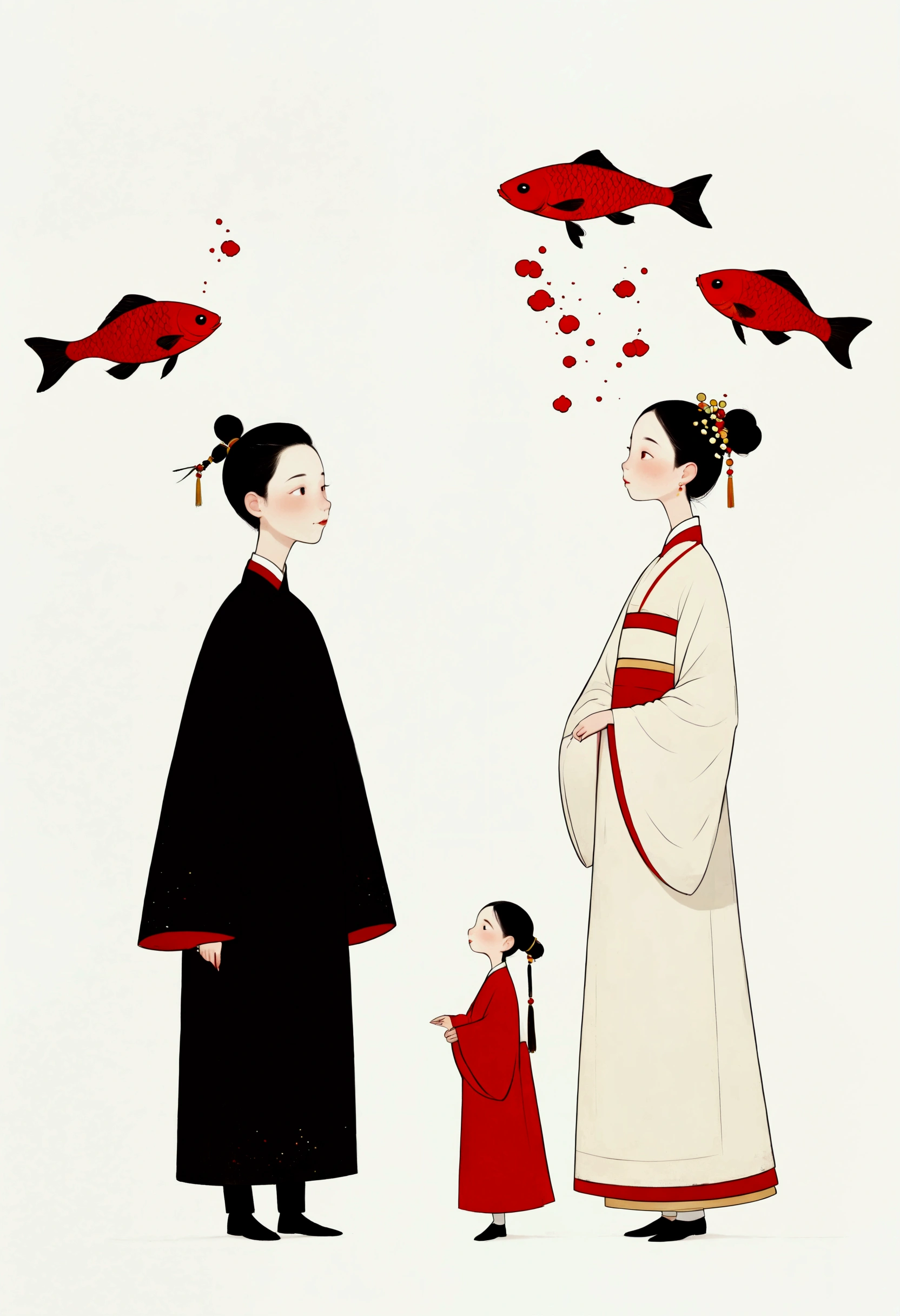 There is a painting,The painting shows men and women wearing traditional costumes。A school of fish - glowing, 李因蒙的Minimalism, tumblr, Neo-Dadaism, medium shot of two characters, two characters, High and small, a beautiful artwork illustration, #illustration, colorful illustration, funny illustration, Chinese style, Portrait of two people, childrens illustration,Minimalism,White background。(((Negative Space,Bottom left composition)))