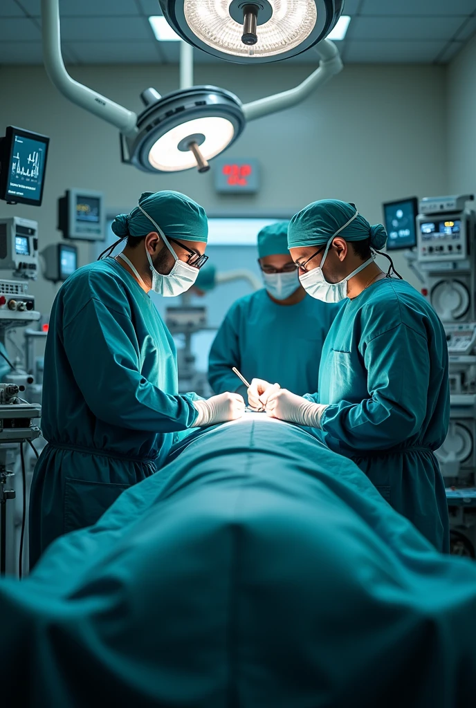 Please draw a cinematic operating room at a 1 point perspective