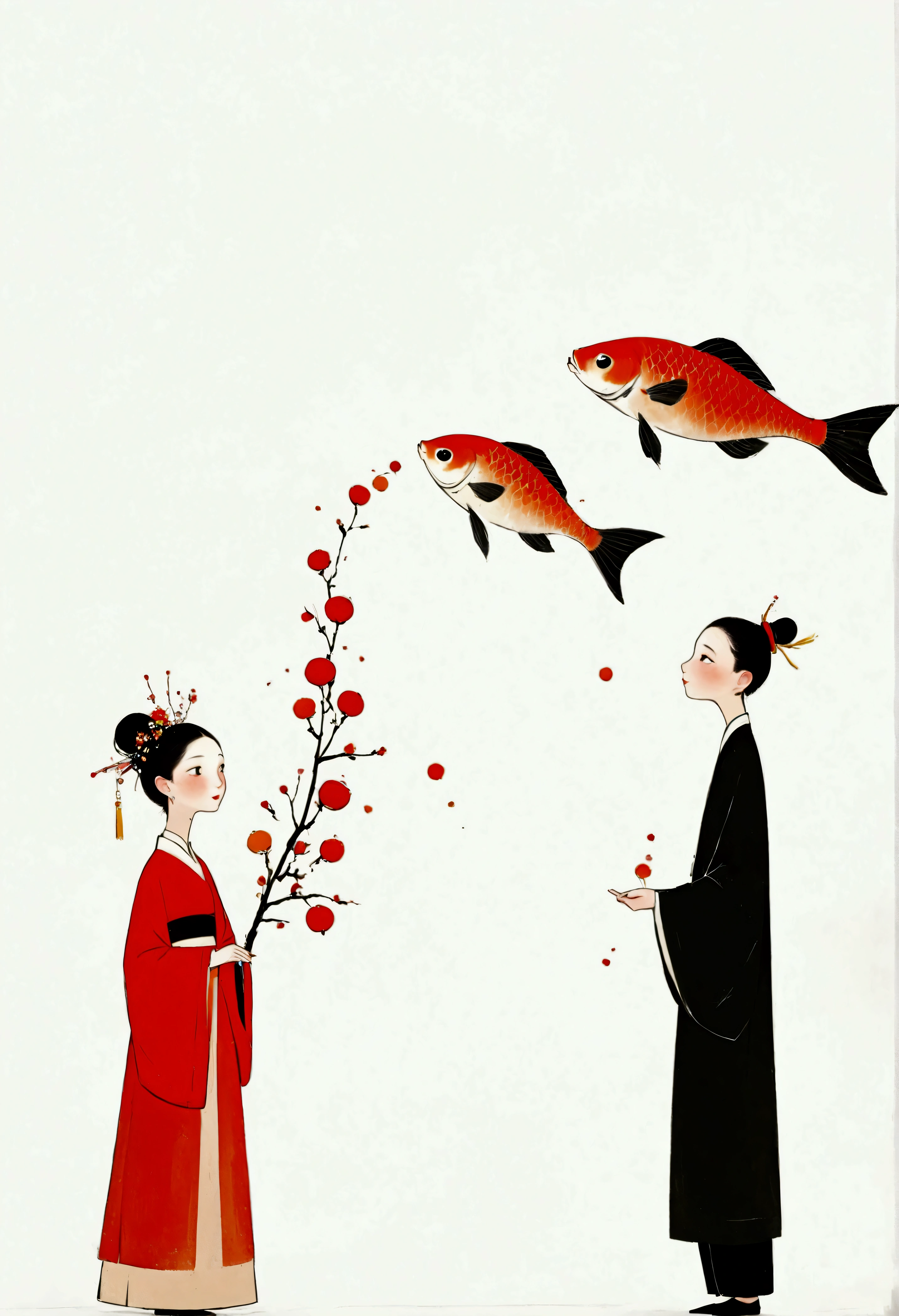 There is a painting,The painting shows men and women wearing traditional costumes。A school of fish - glowing, 李因蒙的Minimalism, tumblr, Neo-Dadaism, medium shot of two characters, two characters, High and small, a beautiful artwork illustration, #illustration, colorful illustration, funny illustration, Chinese style, Portrait of two people, childrens illustration,Minimalism,White background。(((Negative Space,Bottom left composition)))