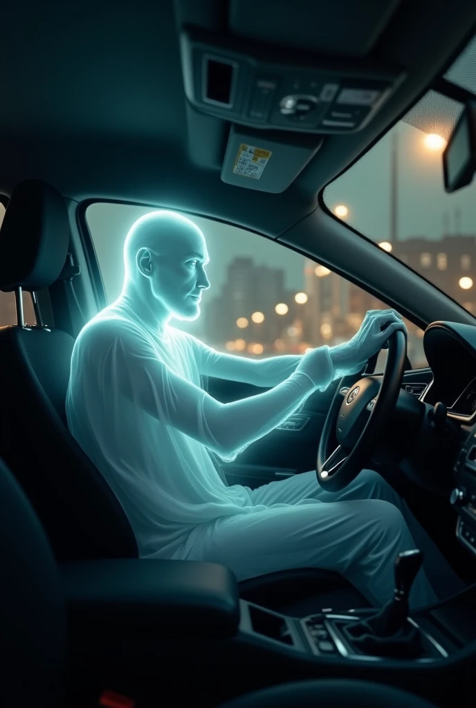 A ghost picture of a man driving a Grab car