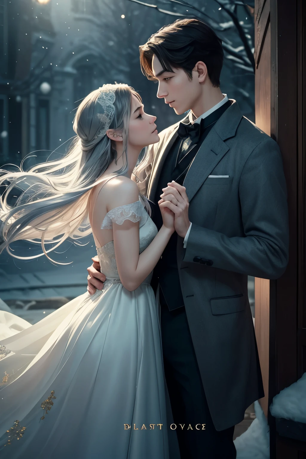 Create a softly blurred cityscape or an atmospheric apartment setting at twilight. Add subtle hints of ethereal light or mist to evoke a sense of mystery and romance. Feature a young woman and a young man prominently. the Young woman should be depicted in a contemporary outfit, looking both intrigued and exasperated. The Young man should appear as a charming ghost—semi-transparent with a playful expression. Position them to suggest their interaction, with the young woman looking at the young man with a mix of curiosity and frustration. Use a palette of cool blues, soft purples, and silvers to convey the supernatural theme. Add touches of warm gold or red to hint at romance and create visual interest. The title "Ghosts Don’t Date" should be in a stylish, elegant font. Consider using a combination of script and serif fonts to balance romance and formality. Place the title prominently on the cover, with a space for  tagline and the author name be written below "dolly-rig". Incorporate subtle ghostly motifs, such as floating objects or faint, whimsical swirls around Joon-ho to emphasize his ethereal nature. A touch of snow or twinkling lights could enhance the romantic and whimsical atmosphere. The overall mood should blend humor, romance, and a touch of mystery. Ensure the cover conveys the lighthearted yet intriguing nature of the story, drawing readers in with its promise of supernatural romance and comedic adventures.
