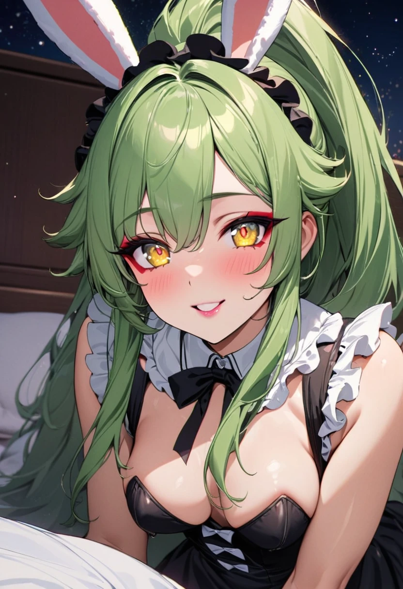 1 girl，Best quality, tmasterpiece, Long green hair, beautiful,detailed eyes, HD, extremely detailed, Visually inspect the audience, The face is slightly red，is shy，full bodyesbian，adolable，Lori small breasts cleavage，white dresses, (sitting on his knees on the bed:1.4), (solo:1.6), evil smile, (green eyes with beautiful pupils:1.7),