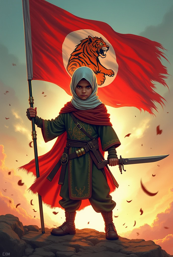 Introducing "OMC: Organization of Muslim Childrens"
Step into a vivid world where bravery and pride converge in our latest AI-generated artwork. Featuring a resilient child warrior, this striking image showcases the young hero wielding weapons with determination. The centerpiece is a flag with a tiger’s skin color, emblazoned with the name "OMC" and proudly representing the "Organization of Muslim Children."This powerful visual captures the essence of courage and identity. 
Discover the story and join the movement today!