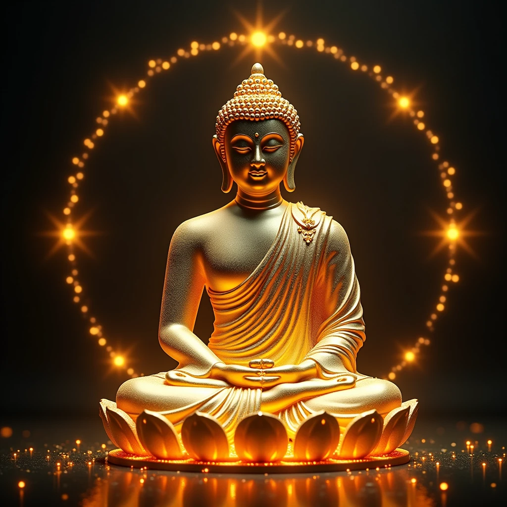 (masterpiece, best quality:1.2), 蓝色渐变translucent的皮肤由坚硬的弹性硅胶制成,,A beautiful intricate Buddha statue , Wearing a golden cassock,Lotus position in yoga, A lotus,Solitary,Fold your hands together,Body Glow,glowing lines,Fluorescence,Glow Example,Sample trace,flash,萤Light Particles,Backlight,translucent,Light Particles,((Epic Star Gate))background