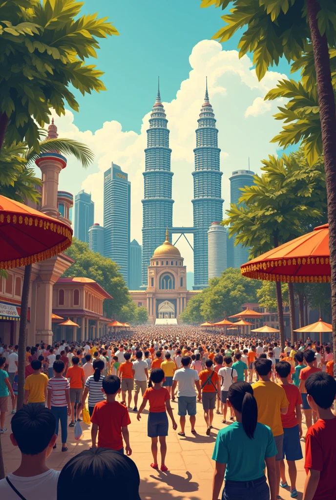 a poster about Malaysia view, historical place in Malaysia with full of people
