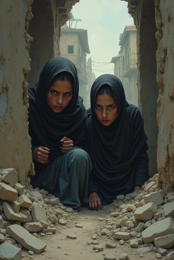 Two women take cover from the war under the buildings 