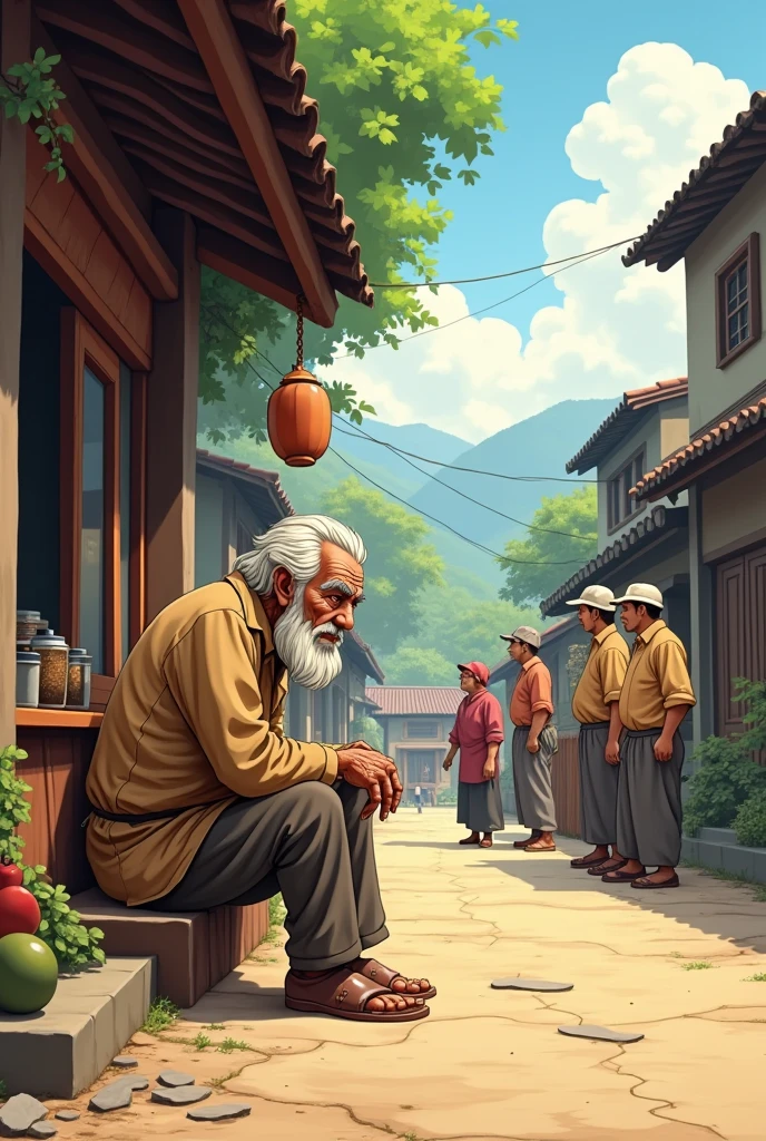 Poor old man wearing rags clothes sit in tea shop on village road show village people they do own work and villagers meet old begger man come together and meet old man cartoon animation