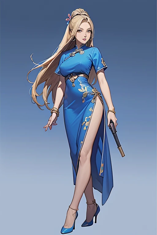 Highest quality,high resolution,comics,(Cel animation style),A woman is standing alone,30 year old Asian female,(Long blonde hair),((Blue Chinese Dress)),((Blue heels)),((1 holding a gun.6)),(Hibiscus hair accessory),(Beautiful face with slits 1.3)，(gold bracelets on both wrists),Beautiful Style,Slender body,(Large Breasts),((City Background))