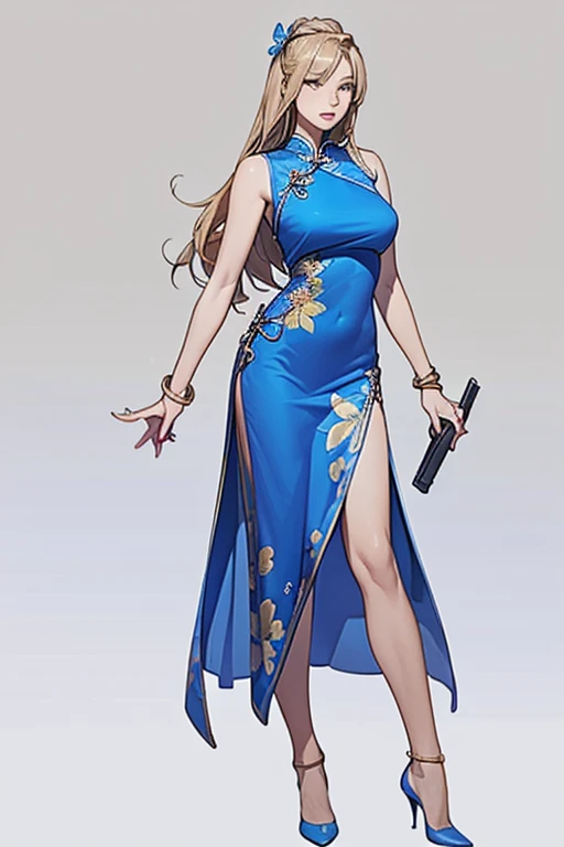 Highest quality,high resolution,comics,(Cel animation style),A woman is standing alone,30 year old Asian female,(Long blonde hair),((Blue Chinese Dress)),((Blue heels)),((1 holding a gun.6)),(Hibiscus hair accessory),(Beautiful face with slits 1.3)，(gold bracelets on both wrists),Beautiful Style,Slender body,(Large Breasts),((City Background))