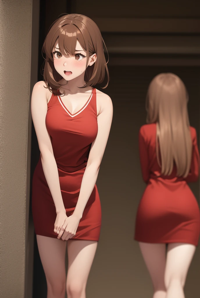 1 woman, open mouth, blush, Brown hair, language, from behind, breasts, in short red dress