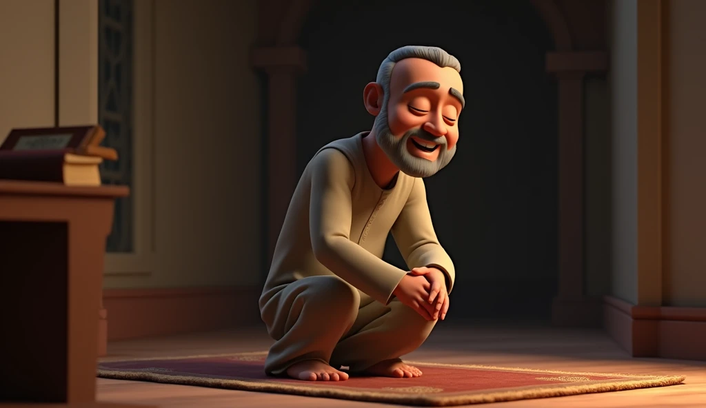 In 3d animation story"Rofiq, is seen praying in a small, simple room. his sincerity and dedication as he performs his prayers. The room is dimly lit, with a prayer mat and a small Quran on a wooden stand nearby."