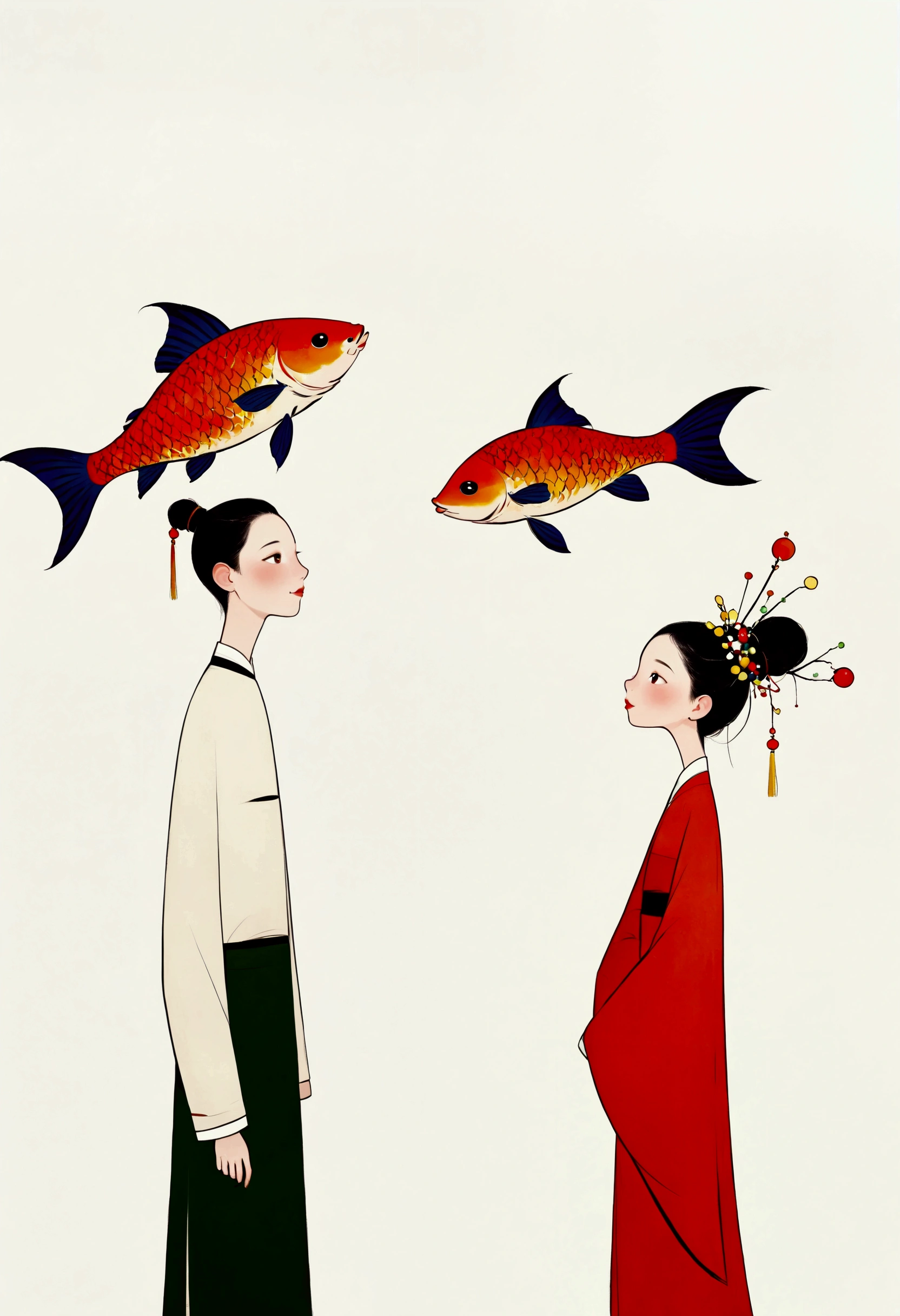 There is a painting,The painting shows men and women wearing traditional costumes。A school of colorful fish - glowing, 李因蒙的Minimalism, tumblr, Neo-Dadaism, medium shot of two characters, two characters, High and small, a beautiful artwork illustration, #illustration, colorful illustration, funny illustration, Chinese style, Portrait of two people, childrens illustration,Minimalism,White background。(((Negative Space,Bottom left composition)))