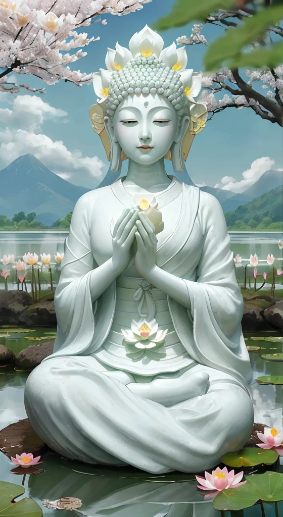 (Masterpiece),(Best quality),(Ultra-detailed), (Body:1.2), 1 Buddha statue, floating in a powerful zen state, with lotus flowers, White skin, Amitayus,  sitting on a lotus flower, Chant the Buddha's name with both hands, temples, wearing an outfit, White skin, face round, kind, gentle, look, Mountains, green trees, Cherry blossoms, forest, Birds, Clouds, dew, En plein air, Bright, fresh, Green, White skin, (Beautiful detailed face), (Eyes closed), (surrealism),