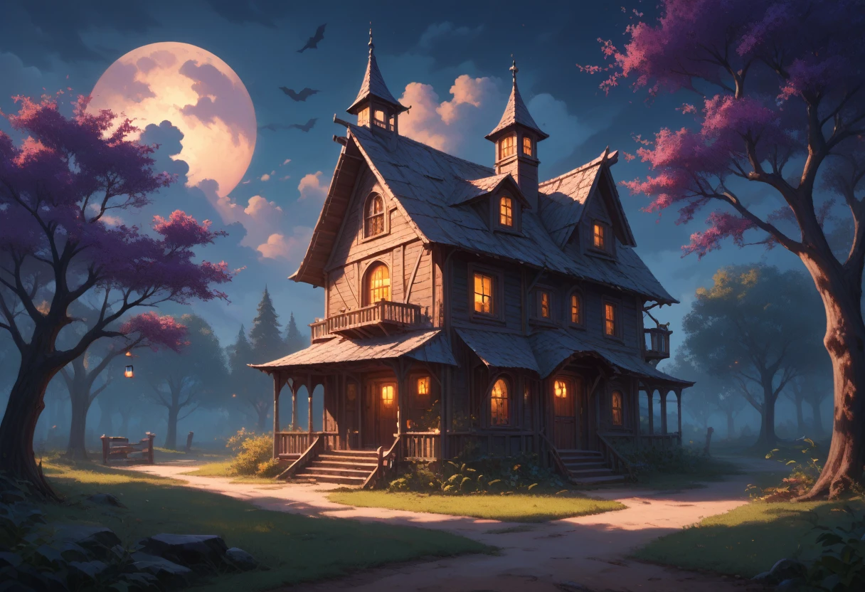 Night view, A shabby and old oriental house, An atmosphere where a ghost might appear, tree, dark clouds, A very dark night