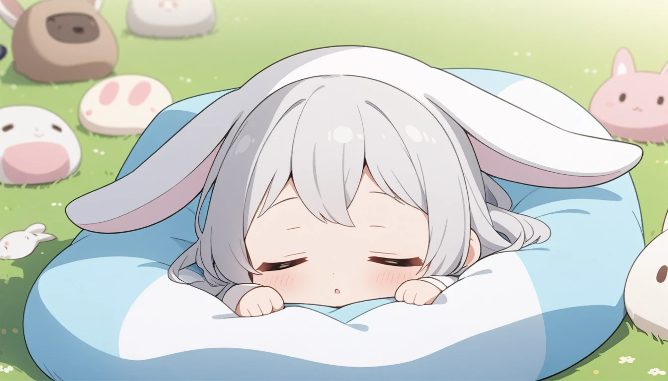 Girl、美Girl、Silver Hair、Sleeping、Cute gestures、Rabbit costume、grassland、Chibi Character、Masterpiece、anime、