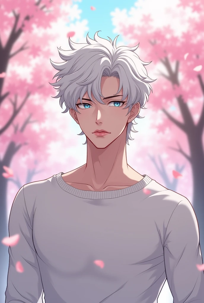 anime character, White hair, curly hair, Pale skin, blue eyes, Long white eyelashes, male, muscular, big glossy lips, cherry blossom trees, grey eyebrows, white sweater, 