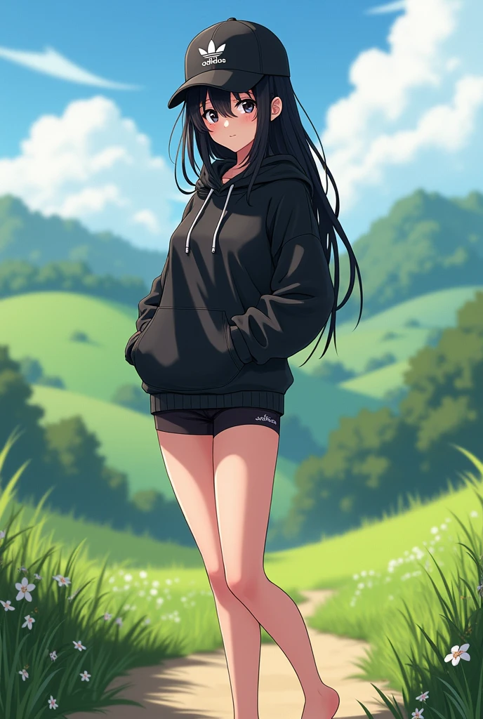 sexy tall anime girl, long black hair, black eyes, barefoot, wear black adidas cap, wear black adidas hood, wear black adidas hot pants, background is countryside