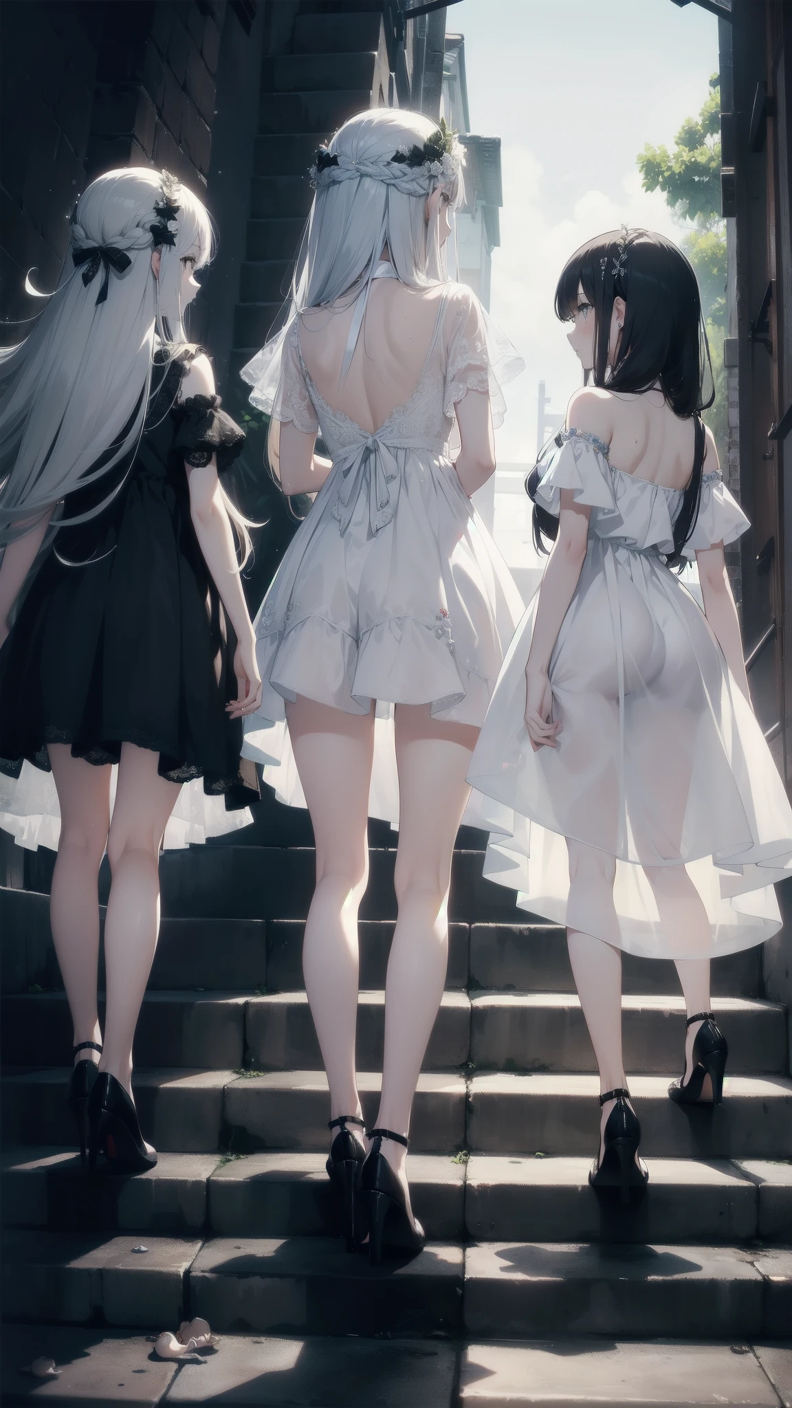 Masterpiece Top Quality

Three Girls Adorned in Delicate Dresses,Their faces showed disgust and contempt，  Akin to the Squid Game Characters

1. With Straight Long Hair, Pale as the Moon，Back，Go up the stairs，Stairs，underwear，Soaked，transparent，Sweat，High heel