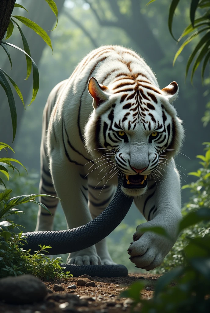 White tiger killed black snake around blood