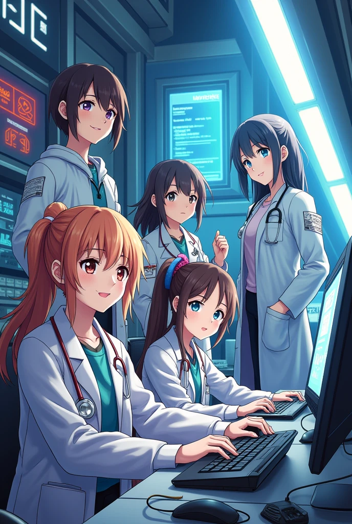 1 boy and 3 girls as best friends, now make the boy and 1 girl look like a engineers, 1 girl as a doctor, 1 girl as a conputer scientist in anime style