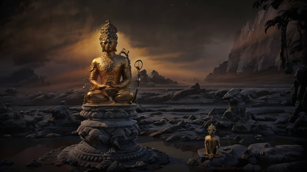 The huge stone Buddha statue, which is made of water and is emitting golden light, is staring at the very tiny Black Myth Monkey King swinging his golden hoop.，Black Myth Monkey King standing in front of the Buddha statue，Sense of giants，Movie Feel，Lake fog，Perfect composition，close up，Shock