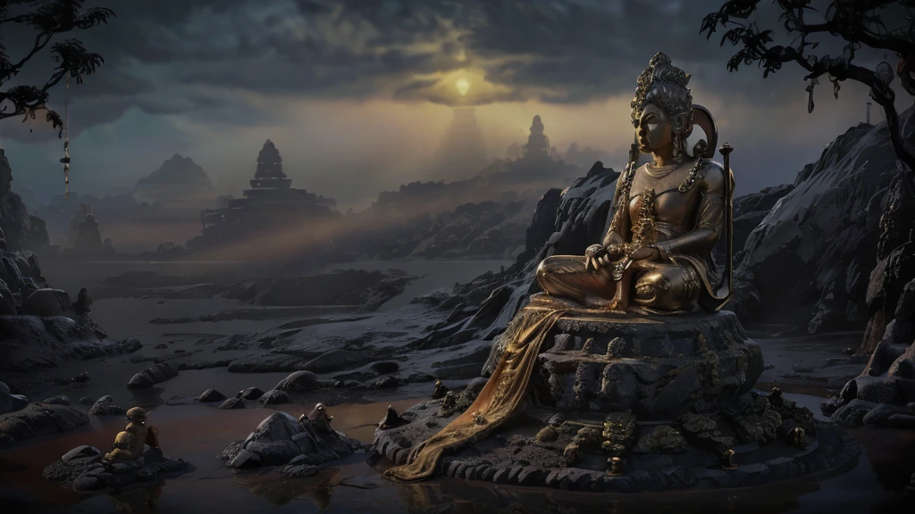 The huge stone Buddha statue, which is made of water and is emitting golden light, is staring at the very tiny Black Myth Monkey King swinging his golden hoop.，Black Myth Monkey King standing in front of the Buddha statue，Sense of giants，Movie Feel，Lake fog，Perfect composition，close up，Shock