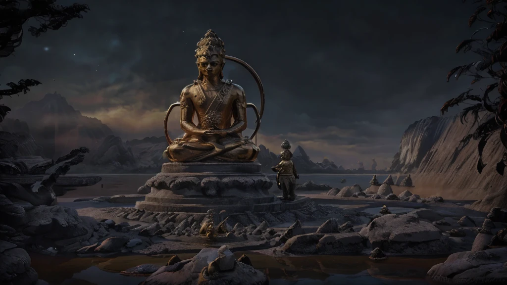 The huge stone Buddha statue, which is made of water and is emitting golden light, is staring at the very tiny Black Myth Monkey King swinging his golden hoop.，Black Myth Monkey King standing in front of the Buddha statue，Sense of giants，Movie Feel，Lake fog，Perfect composition，close up，Shock