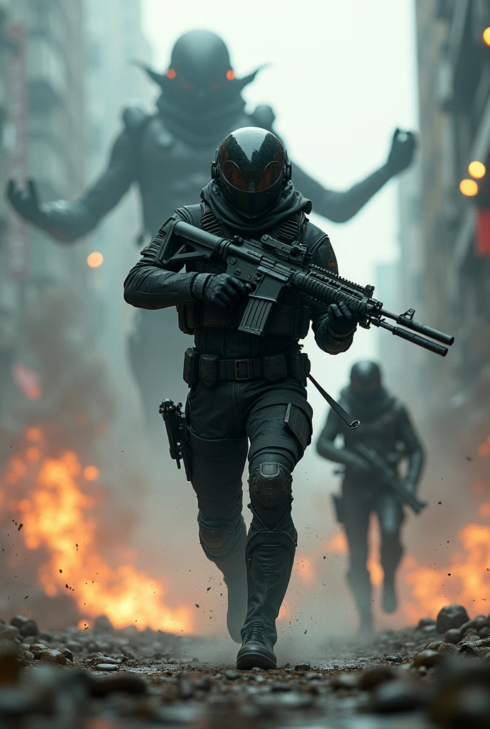 Special operative shooting aliens