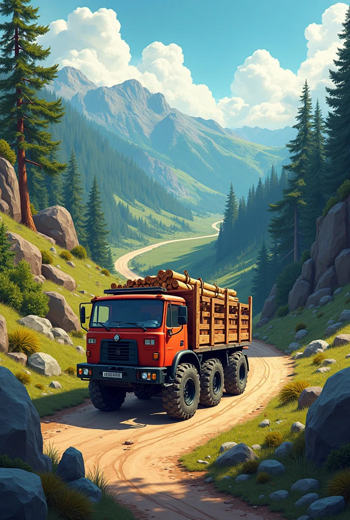 Background with truck carrying wood in a middle of with offroad and with some colorfull portrait