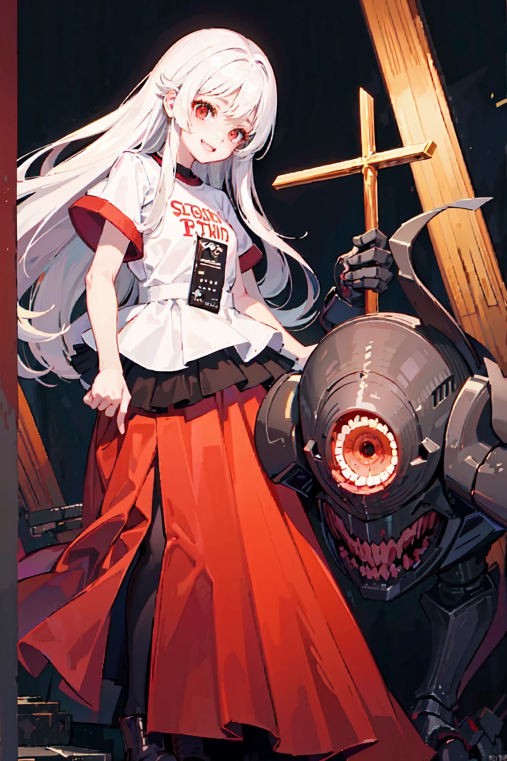 shaded face　、beautiful girl、とてもcute天使、Pink T-shirt、cute、、smile、Long skirt、Black long boots、.(Highest quality,4K,High resolution,masterpiece:1.2),Very detailed,Realistic:1.37,Spooky altar background,Dark fantasy,Red color scheme,Ominous atmosphere,Eye-catching,Storytelling,anatomy,Anime Style,Concept Art,beautiful細部までこだわった顔と (((Red eyes ))),A terrifying ritual ,Satanic Ritual,Premature death,inappropriate behavior,クレイジーなsmile,Scythe Face,Girl Monster, beautiful, Delicate facial features, Sharp Eye, Sharp Fangs, pale skin, Dark Background, Cinema Lighting, Dramatic Shadows, Gothic style, Gloomy atmosphere, Dark fantasy, one person&#39;s, Please open your mouth wide, Open your mouth and baring your teeth,Sharp teeth like a beast, Wide lips, very wide mouth, Vermilion cheeks, ,(Blood splatter:1.4),Scary smile, smile,Angel Design, Twisted smile、Bloody、bleeding from the head,,,,,、Blood splatter、,(Blood splatter:1.4),skull,Demon Spear,Horror Style, ((Fantasy Sweet Ta Frill Pink Costume)), ((Flowing blonde hair)), ,(Blood splatter:1.4),Female curves, Sexy flat stomach, Perfect hands, Perfect anime face, (Pink Tata Dress)), Are standing, ((邪悪なsmile)), ,(Blood splatter:1.4), Steam circulates, Moonlight Illumination, night lighting, (Blood splatter:1.6),アニメAngel Design, Twisted smile、Bloody、bleeding from the head,,,,,、Blood splatter、,(Blood splatter:1.4), skull,Gothic architecture、Western architecture、Fantasy World、,Victorian cities, Skeleton Gas Light,Absurd, High resolution、 ((Tabletop)), ((Highest quality)), (Very detailedな), ((Very detailed)), (beautiful), ((cute)), (NFSW:1.8), alone,(:1.6)、(world&#39;The most terrifying and creepy demon girl:1.5)beautiful face、Whole Body Ezbian、pale, beautiful肌、beautiful金の髪、優しくsmileむ、Dark building ruins、(snow white&#39;Frill dress:1.3)、(The dark ruins are stained with blood:1.3)、Low angle full body shot、(少女は血の海の中にAre standing:1.5)、(The ground is full of blood:1.3)、(The girl lost a lot of blood....:1.3)、(クレイジーなsmile:1.6)、Spirits、(Blood dripping from the mouth:1.3)、
