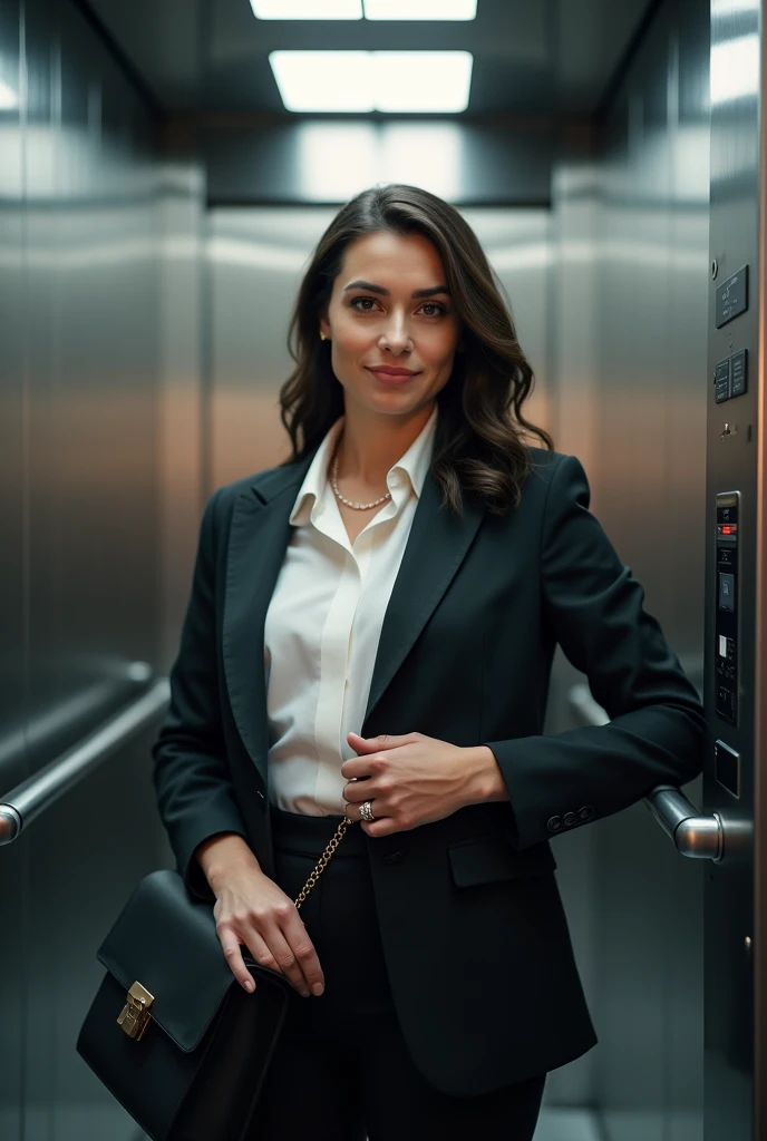 photo d'elle en corporate dans un ascenceur