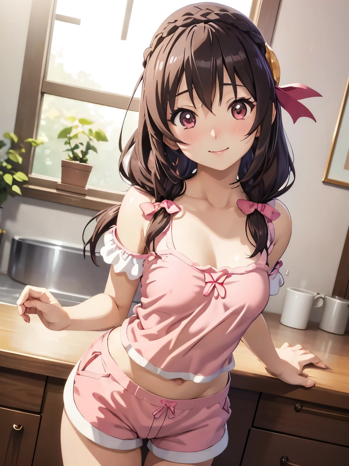 (masterpiece, Highest quality), One person,  (Anime illustration style:1.3) ,Yunyun,Long Hair,Braiding,Twin tails,Hair between the eyes,Hair Ribbon,hair ornaments,Closed Mouth、smile、(Pink camisole、Pink shorts:1.3)、Cute pajamas、Frilly pajamas、Beautiful Eyes, Sharp pupils, Sharp focus, (Very detailed, bloom, Shine)、(Genuine、Realistic、Realistic)、High resolution、超High resolution
