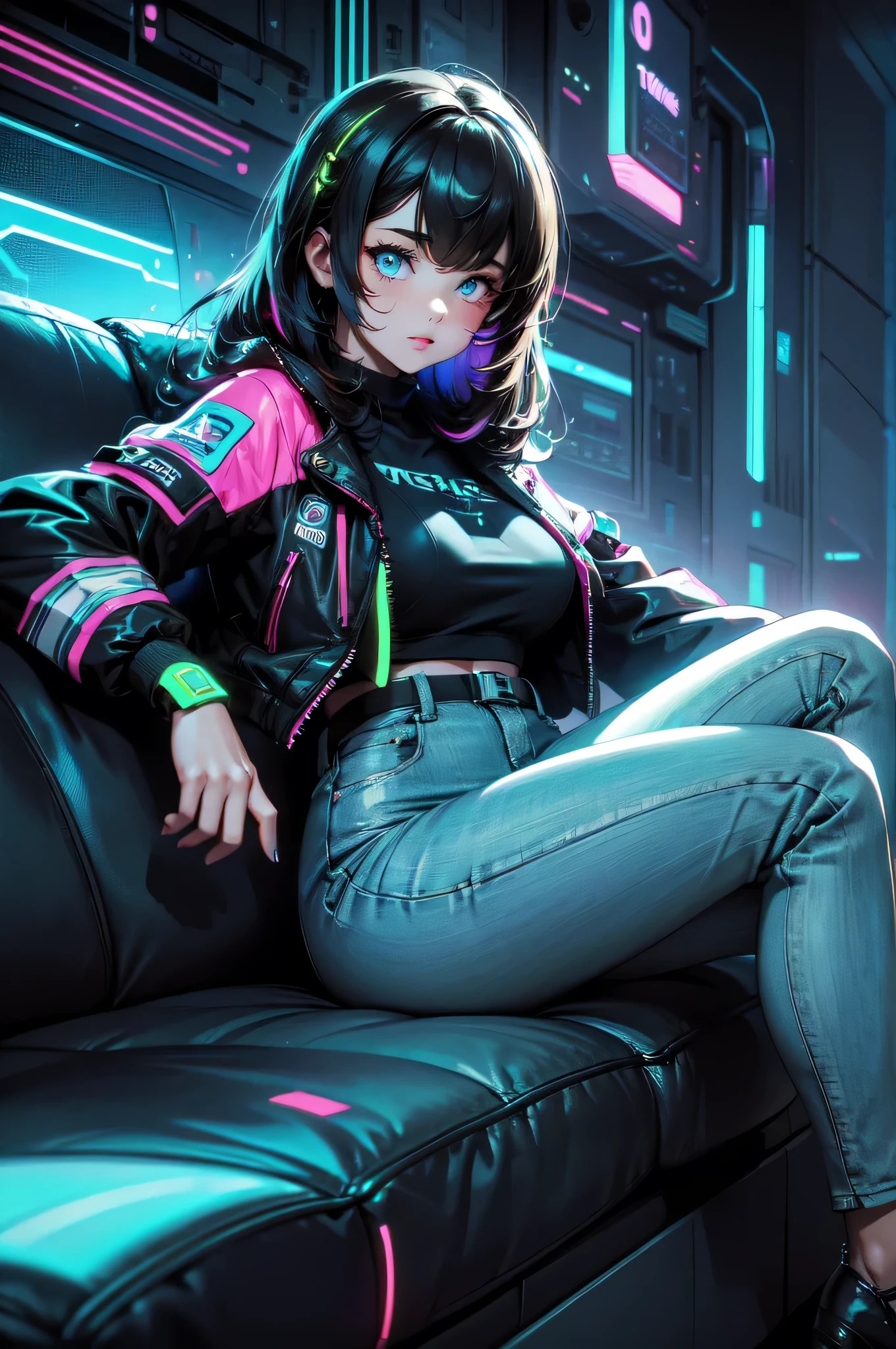 cute woman, tech wear, sitting in old-school sofa, retro plaid sofa, 70's atmoshphere, neon technologic outfit, glowing effects, crazy colors, great color palete