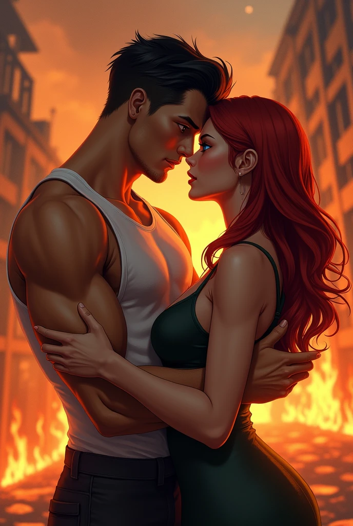Create a 2 man with a height of 1.80, with an athletic figure. a muscular build, a prominent jaw and marked cheekbones that give him a very distinctive appearance. A short, dark colored hair. With blue eyes and an expression that often reflects a mix of intensity and calm. With an overall elegant and charismatic appearance alongside a 20-year-old girl with an approximate height of 1,65 meters (5 feet 5 inches). Long, deep red hair, which is one of its most distinctive features. fair skin and a slim figure (Pear-shaped body, big butt and big boobs). One eyes of an intense green color, and a facial expression that combines elegance with a strong and confident presence., In a city full of flames, their love is evident and as if it were the last time they see each other.