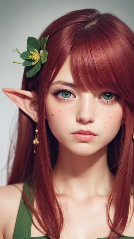 (watercolor: 1.2), Elf Princess, flower, freckle, Bangs, redhead, long hair, Green eyes, Hair between the eyes, flower earrings, Blurred background, High resolution